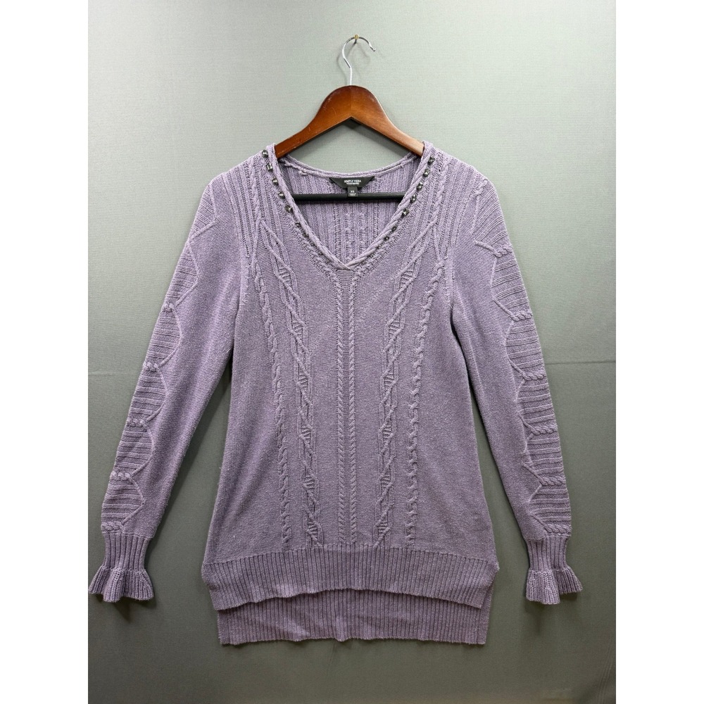 Simply Vera Vera Wang Sweater Womens Purple Cable Knit‎ Ruffle V-Neck XS